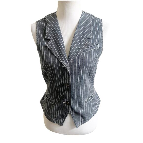Jeanology Women’s Vintage Striped Jean Vest Charcoal Size 6 Y2K Grunge - Picture 1 of 10